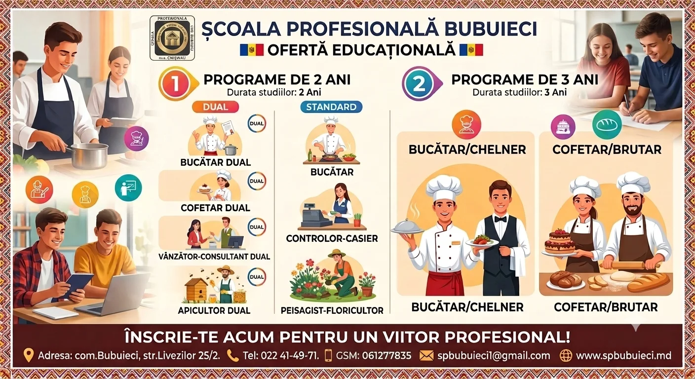Start Admitere 2026! Alege o profesie pentru viitorul tău! Înscrierile la Școala Profesională din com. Bubuieci sunt deschise.